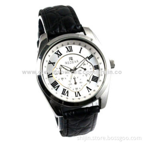 Stainless steel watch with genuine leather band for men, hot selling, made in China